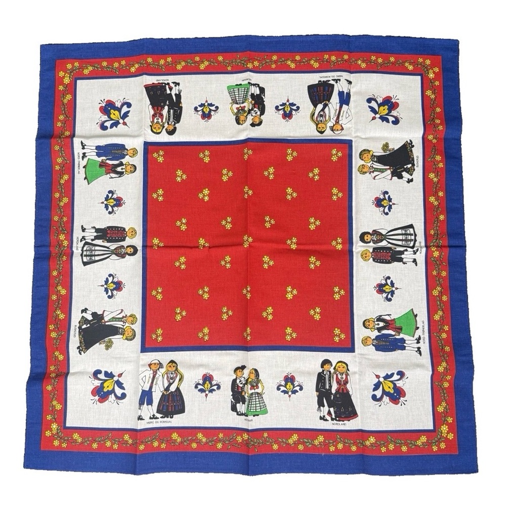Runni Tekstltrykk Square‎ Red Yellow Floral Folklore Tablecloth Norway 34" EUC